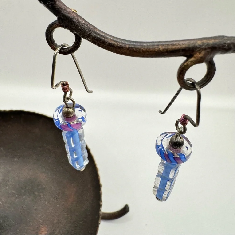 Furnace Glass Dangle Earrings | Blue & Purple Artisan Beads Boho Handmade Style